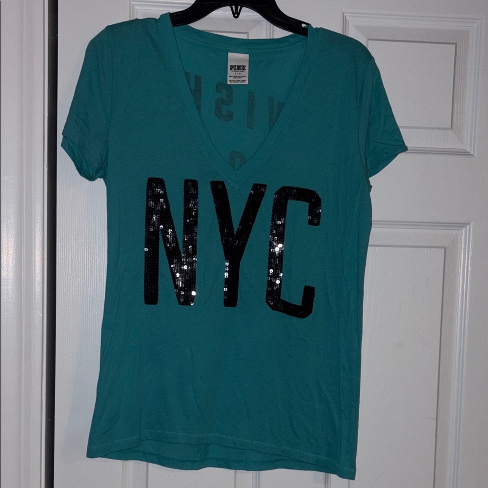 PINK Victoria's Secret Teal NYC Sequin V-Neck Tee